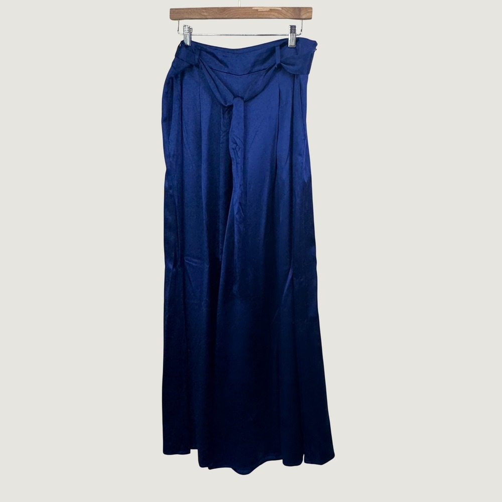Banana Republic Womens 100% Silk Wide Leg Pants Tie Waist Royal Blue Size 12